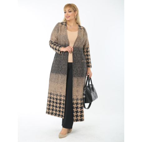 Plus Size Women's Outwear Long Cardigan Multicolor Plaid Cotton V-Neck Open Stitch