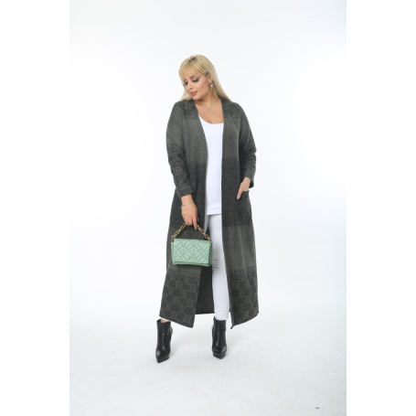 Plus Size Women's Outwear Long Cardigan Square Pattern Cotton V-Neck Open Stitch