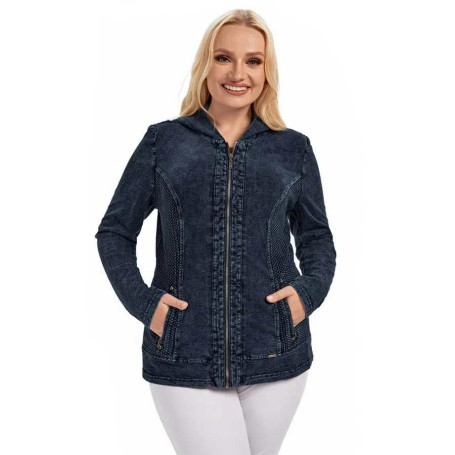 Women's Plus Size Denim Jacket Fall Casual High Stretch Hoodie Cotton Belt Pocket Knit Jacket