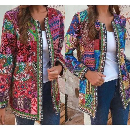 Women Coat Vintage Chinese Style Long Sleeve Open Front Outwear Floral Print Jacket