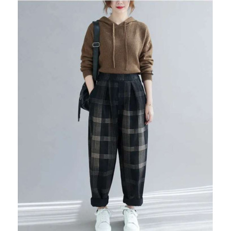 Women's  Loose Plaid Jeans Haroon Pant 6XL 7XL 8XL 9XL Literary Fashion High-Waist Casual Pants