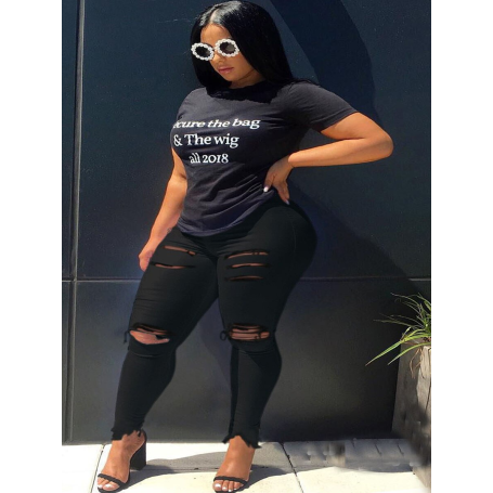 Plus Size Jeans Ripped High Stretchy Jeans Women Skinny Ripped Long Pants Drawstring Pencil Trousers