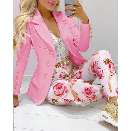 Women Pants Suits Solid Single Breasted Blazers Tops + Pencil Pants Two 2 Piece Sets Office Lady Fashion Outfit