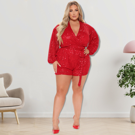 Plus Size Women Elegant Sequins Belt Waist Wrap V-neck Long Sleeve One-piece Suit Sexy Party Street Ins Romper Suit