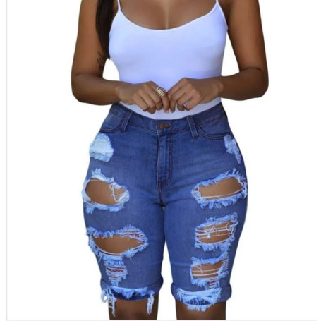 Women Hole Ripped High Waist Casual Zipper Fly Knee Length Jeans High Streetwear Denim Shorts Fashion