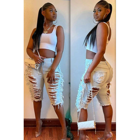 Women Elegant Ripped Hole Tassel Side Street High Waist Zipper Fly Knee Length Denim Pant