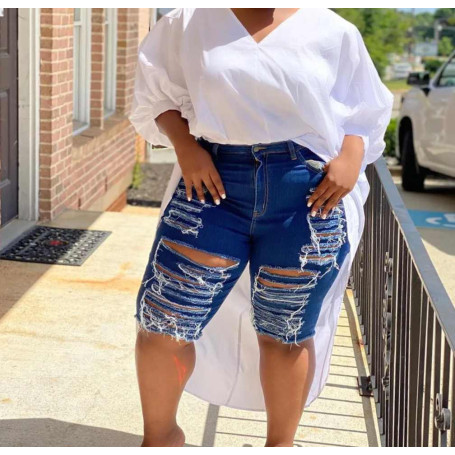 Knee Length Denim Women Retro Solid Hole Jeans Ripped Pencil Trousers Street Skinny High Waist Lady Pants