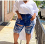 Knee Length Denim Women Retro Solid Hole Jeans Ripped Pencil Trousers Street Skinny High Waist Lady Pants