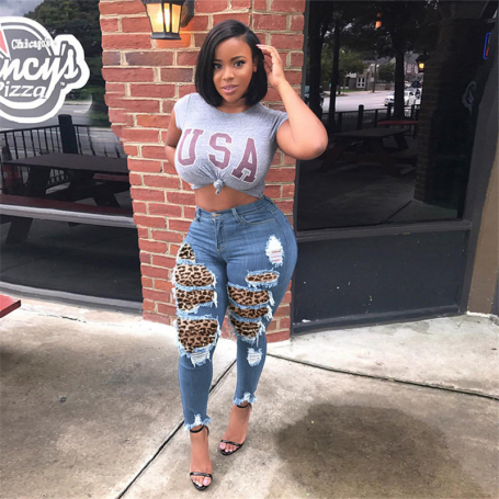 Plus Size Women Jeans Clothing Denim Pants Fashion Leopard Patchwork Preppy Style Leggings
