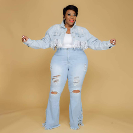 Plus Size Jeans Women Bodycon Stretch Solid Pockets High Waist Fashion Denim Flared Pants