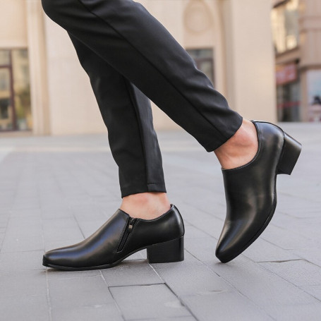 Casual Business Men Shoes Fashion Pointed Toe Zipper Black New 8CM Platform Leather Shoes Man Two-layer Cowhide Dress Shoes