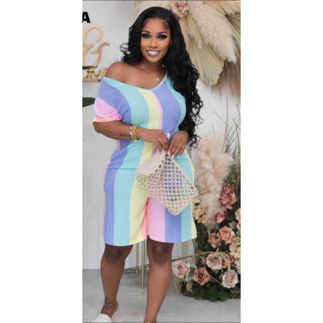 Women Striped Off Shoulder V-neck Short Sleeve Straight Romper and Playsuit Outfits