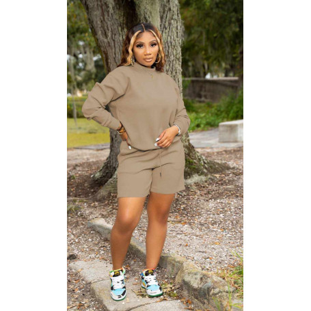 Women's Turtleneck Long Sleeve Sweatshirt and Shorts Suit Fashion Two 2 Piece Set Outfit Tracksuit