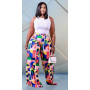 Women Plus Size Pants Print Mid Waist Loose Wide Leg Long Maxi Pants Fashion High Streetwear