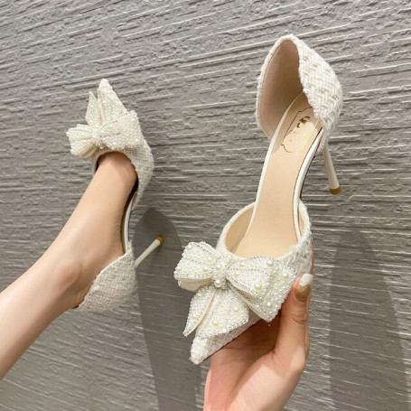 Brand Designer High Heels Luxury Pearl Crystal Bowtie Women Pumps Thin Heeled Shoes