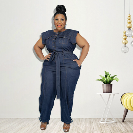 Plus Size XL-5XL Women Denim Jumpsuit Short Sleeve Sashes One Piece Overall Romper