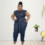 Plus Size XL-5XL Women Denim Jumpsuit Short Sleeve Sashes One Piece Overall Romper