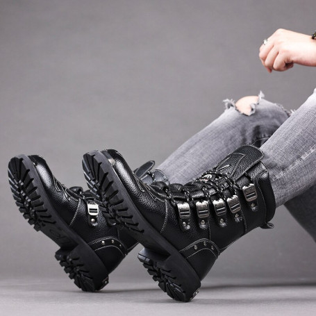Men's Fashion Mid-Calf Punk Rock Punk PU Leather Black High Top Casual Boot Steel Toe Shoes Big Size 39-46