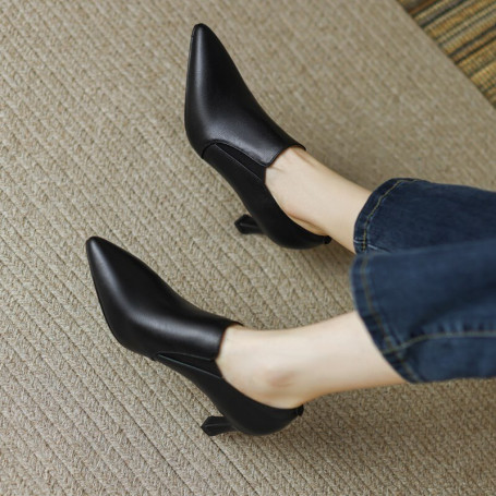 Women High Heels Solid Color Leather Shoes Platform Non-slip