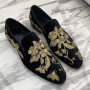 Loafers Men Shoes Fashion Black Imitation Suede Gold Embroidery Flower Business Casual Shoes