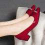 Women Classic Wine Red Pointed Toe Short Square Heel Pumps Shoes