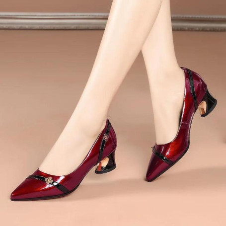 Women Classic Wine Red Pointed Toe Short Square Heel Pumps Shoes