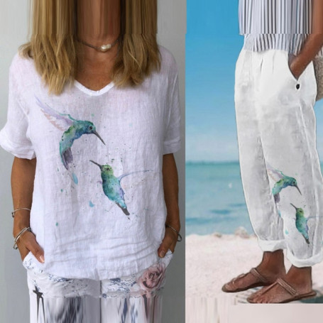 Women Cotton Linen Suit Casual Print Short Sleeve Harajuku V Neck Tops and Pocket Trousers Two Piece Set