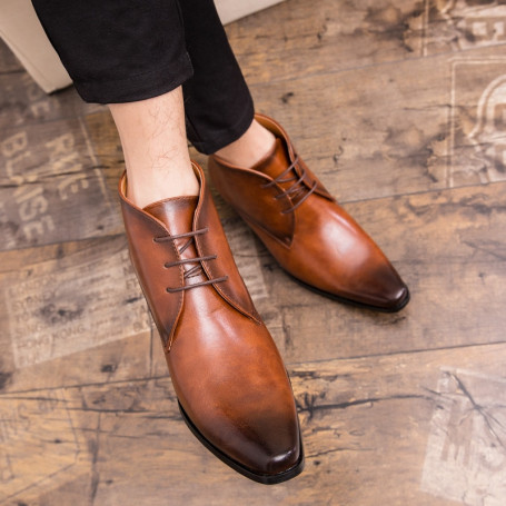 Retro Pointed Toe Leather Boots for Men High-top Dress Shoes Men Lace-up Western Boots