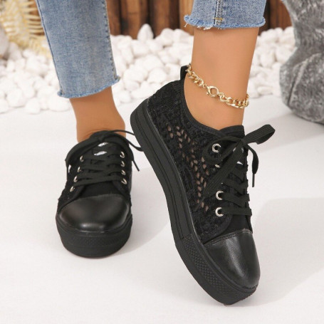 Women Shoes Casual Solid Color Shoes Lace Canvas Hollow Breathable Platform Flat Shoes