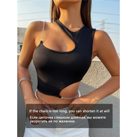 Chain Cut Out Rib Knit Crop Top Women Clothes High Street Grunge Asymmetrical Neck Sleeveless Tank Top Streetwear