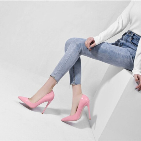 Fashion new trend female black leather side air pointed bottom toe stiletto pump