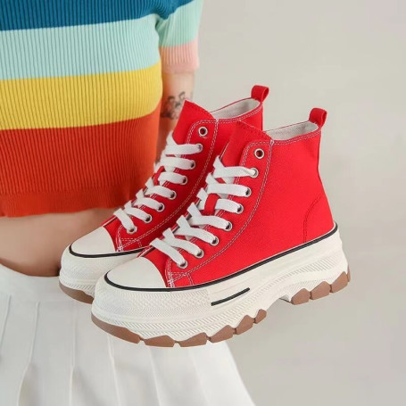 Women Canvas Shoes High Top Vulcanize Shoes Lace Up Casual Sneakers Platform Height Increasing Ankle Boots