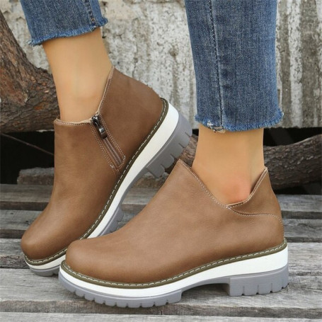 New Large Round Toe Thick Sole Single Shoe Side Zipper Dual Color Sole Versatile Casual Single Shoe Women