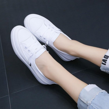 Female Leather Walking Sneakers Loafers White Flat Vulcanize Casual Slip on Shoes