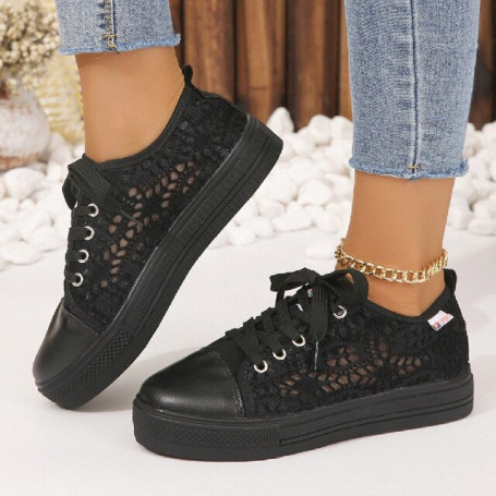 Women Casual Cutouts Lace Canvas Hollow Breathable Platform Flat Sneakers