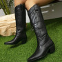 Cowboy Boots for Women Embroidered Pointy Toe Chunky Heeled Knee High Western Boots Shoes