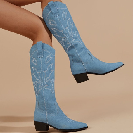 Cowboy Boots for Women Embroidered Pointy Toe Chunky Heeled Knee High Western Boots Shoes
