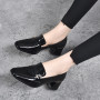 Women Pumps Ladies Loafers Chunky Heel Patent Leather Shallow Sandals Fashion Retro Concise Square Toe Cozy