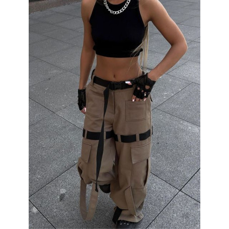 Street Trend Large Pockets Flutter Belt Splicing Work Pants Women's Clashing Color Loose Casual Wide Leg Straight Leg Pants