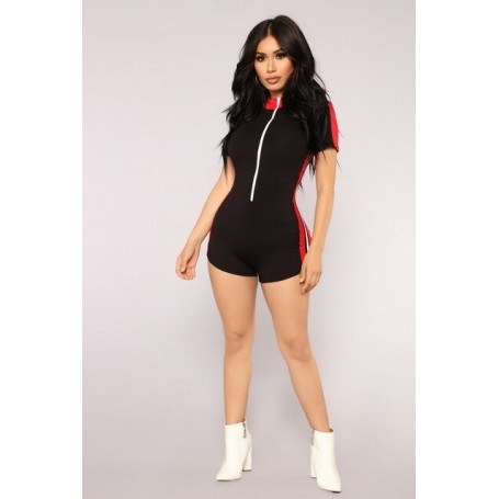 Front Zipper Black Bodycon Jumpsuit Moto Biker Shorts Streetwear Sexy Club Playsuit Ladies Rompers Overalls