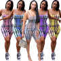 Women Spaghetti Straps Plaid Print Skinny Playsuit Overalls Short Rompers Women Jumpsuit