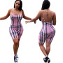 Women Spaghetti Straps Plaid Print Skinny Playsuit Overalls Short Rompers Women Jumpsuit