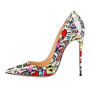 Sexy Women's Stiletto Pumps Thin High Heels Pointed Toe Printing Patent Leather Ladies Shoes Large Size D004C