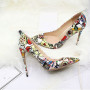 Sexy Women's Stiletto Pumps Thin High Heels Pointed Toe Printing Patent Leather Ladies Shoes Large Size D004C