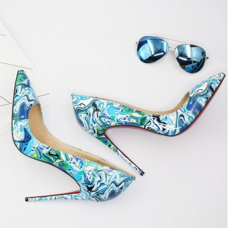 Sexy Women's Stiletto Pumps Thin High Heels Pointed Toe Printing Patent Leather Ladies Shoes Large Size D004C