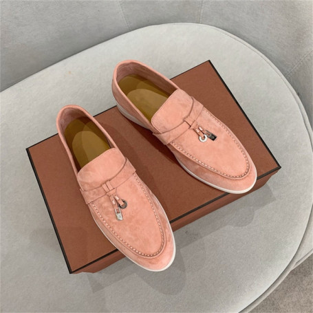 Genuine Leather Nude Suede Flat Shoes Women Loafers Walk Moccasin Metal Lock Tassel Soft Sole Mules Causal Slip On Shoes