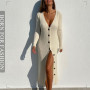 Knitted Cardigan Temperament Slim Fit Long Sweater Dress Long Sleeved V-neck Single Breasted Robe Elegant Chip