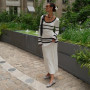 Striped Knitted Maxi Dress for Women Elegant O-neck Long Sleeve Slim Sweater Causal Dresses