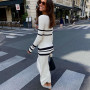 Striped Knitted Maxi Dress for Women Elegant O-neck Long Sleeve Slim Sweater Causal Dresses