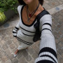 Striped Knitted Maxi Dress for Women Elegant O-neck Long Sleeve Slim Sweater Causal Dresses